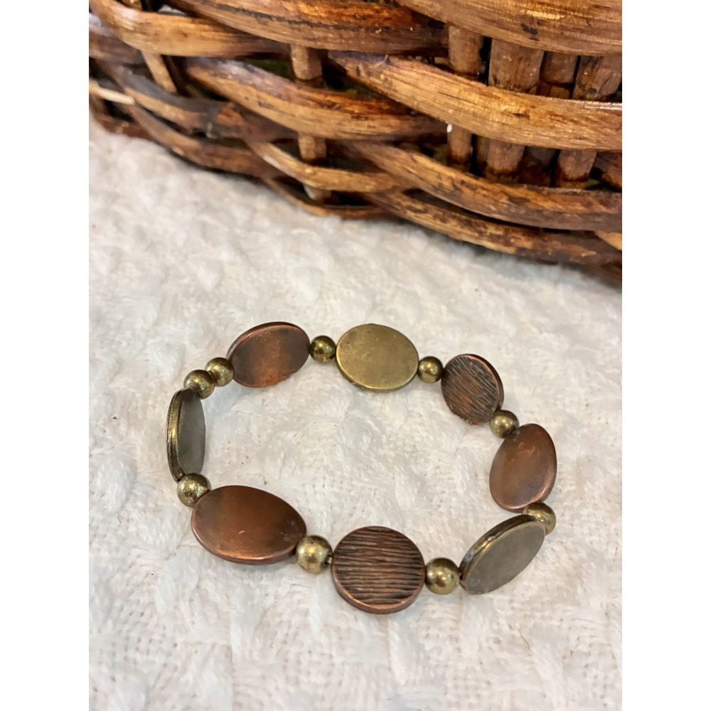 Vintage Mixed Metal Stretch Bracelet Copper Brass Tone Textured Discs Boho